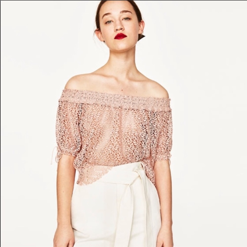 zara basic beige lace off the shoulder top